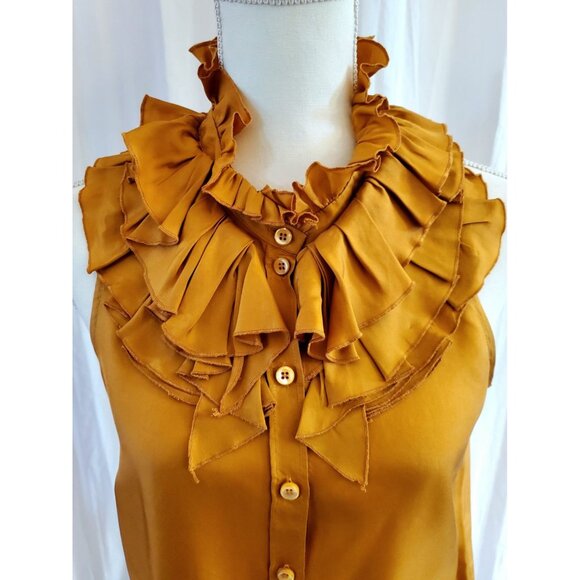 J. Crew Gold Silk Ruffle Neck Blouse Sleeveless Button Up Top Size 6 Preppy - Picture 3 of 13